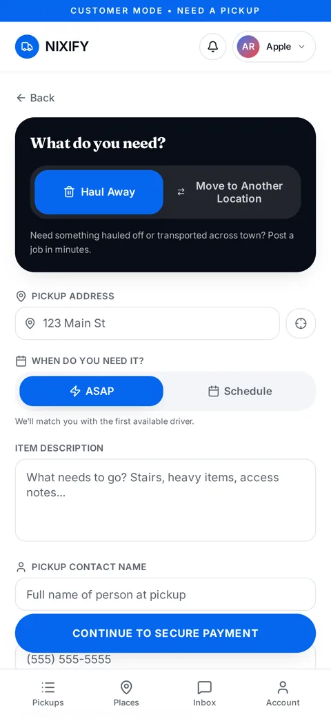 NIXIFY app screen for posting a pickup, with haul away or move options, pickup address, and timing