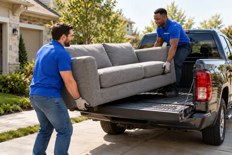 Two movers lifting a couch into a pickup truck outside a home
