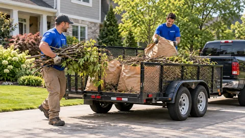 Two movers loading branches and yard debris into a utility trailer